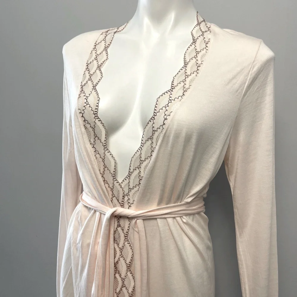 NWT EBERJEY Mabel Wrap Front Jersey Robe with Wide Lace Trim Pink Peach L Large - Picture 5 of 15